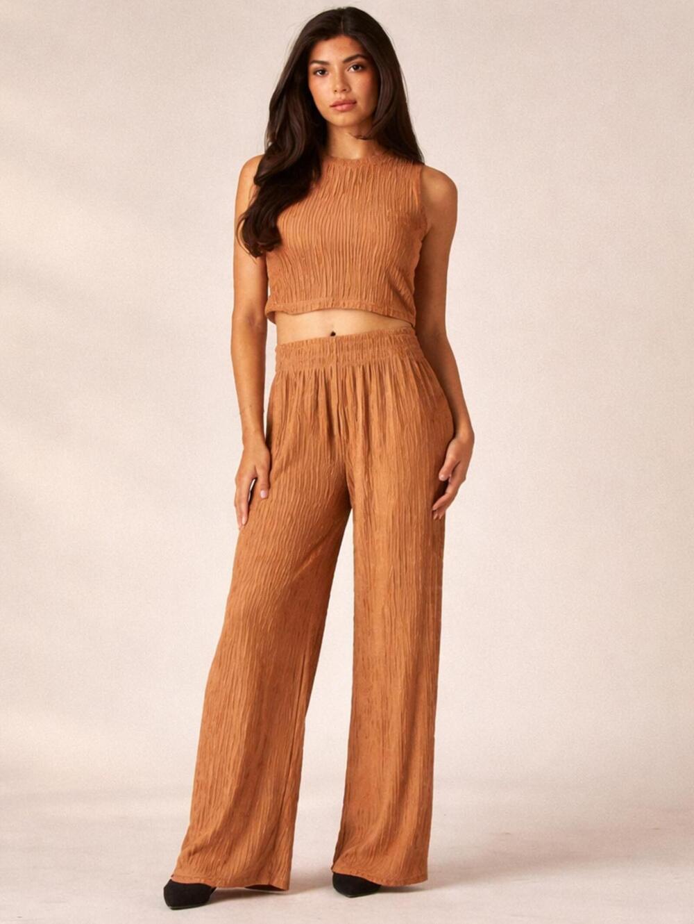 Love Poem Plisse Lounge Set M Camel Tan Brown Wide Leg 2pc Spring